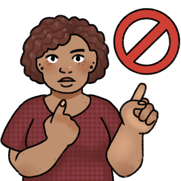 a Black person pointing to themself and to a floating red circle with a line through it. They have a neutral expression. They’re mid-sized, they have short dark hair, ear piercings, and wear a red dotted shirt